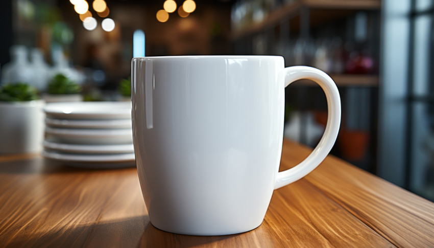 A simple white mug on a desk A simple white mug on a desk