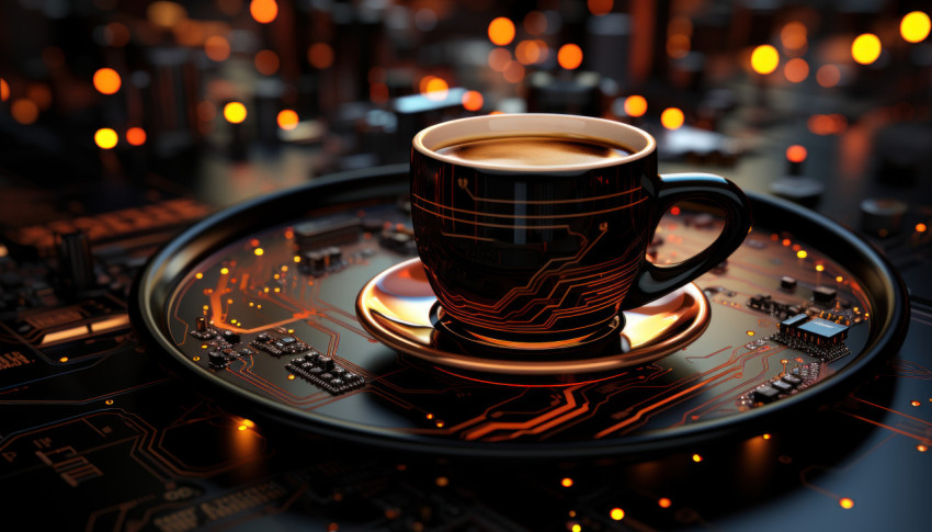 A coffee cup resting on a tech circuit board