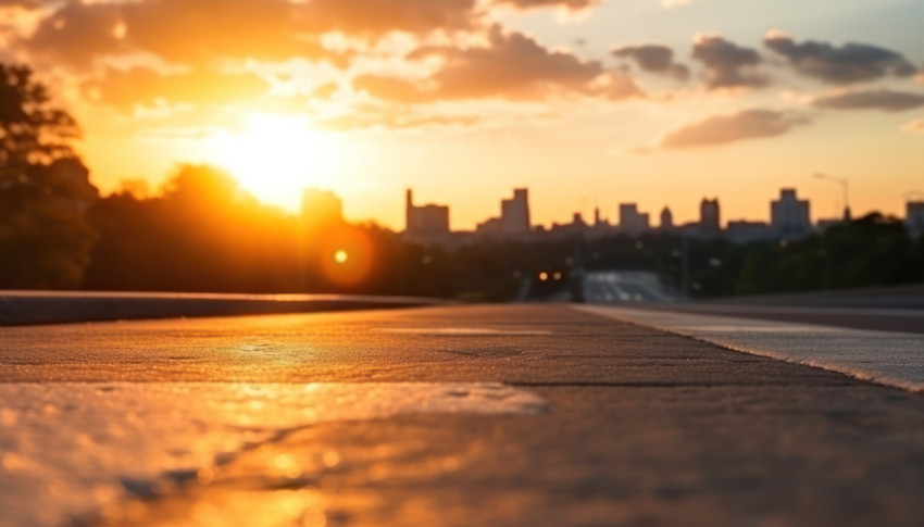 A stunning sunset paints the sky over a concrete street and asphalt road A stunning sunset paints the sky over a concrete street and asphalt road