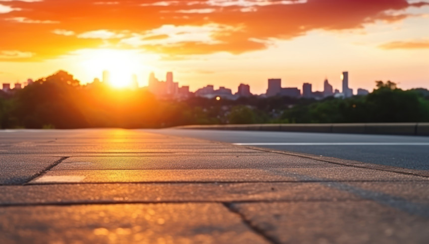 Concrete street and asphalt road under the setting sun Concrete street and asphalt road under the setting sun
