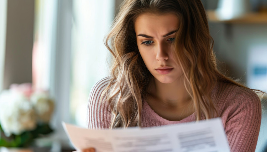 Concerned woman reads bank statement letter about finances and future financial situation Concerned woman reads bank statement letter about finances and future financial situation