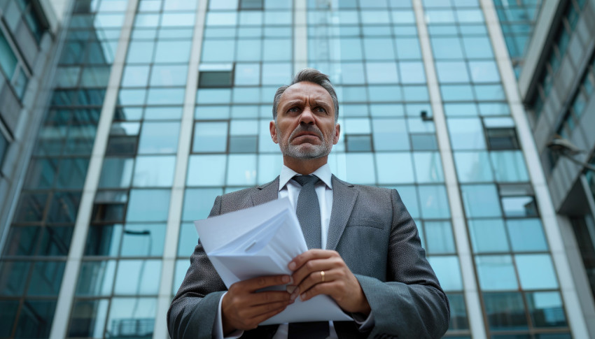 Serious businessman with documents frowning outside an office building Serious businessman with documents frowning outside an office building