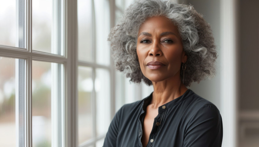 Confident beautiful senior woman of african descent standing near indoor window Confident beautiful senior woman of african descent standing near indoor window