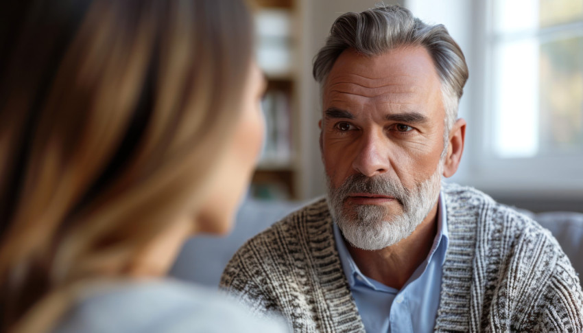 Mature man provides emotional support in psychotherapy session Mature man provides emotional support in psychotherapy session