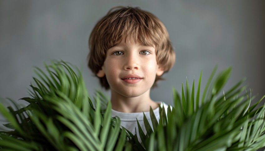 Young boy holds plum leaves Young boy holds plum leaves