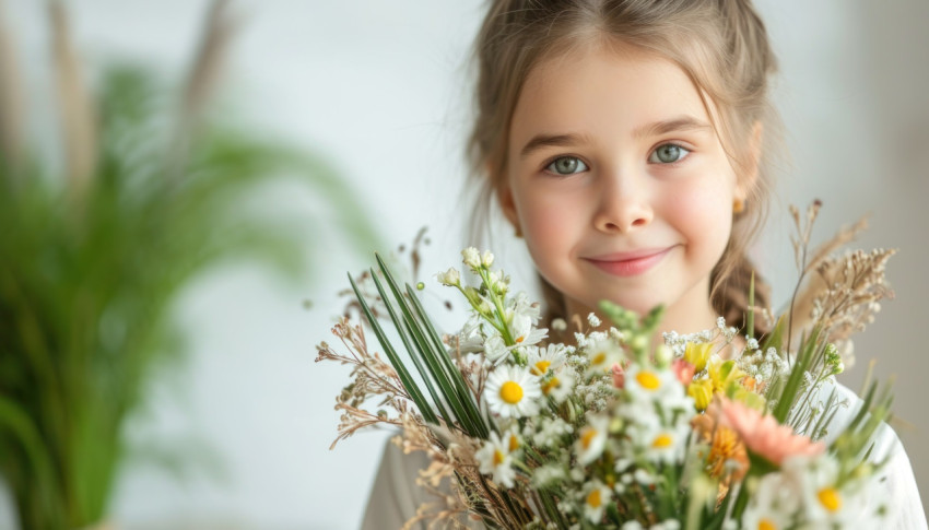 Joyful girl holds palm sunday bouquets Joyful girl holds palm sunday bouquets