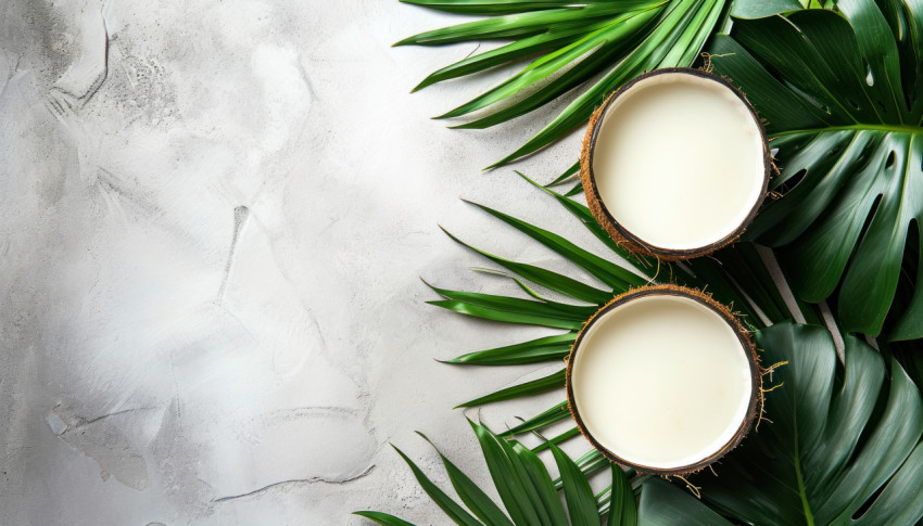 Coconut milk and palm leaves against a tropical backdrop Coconut milk and palm leaves against a tropical backdrop