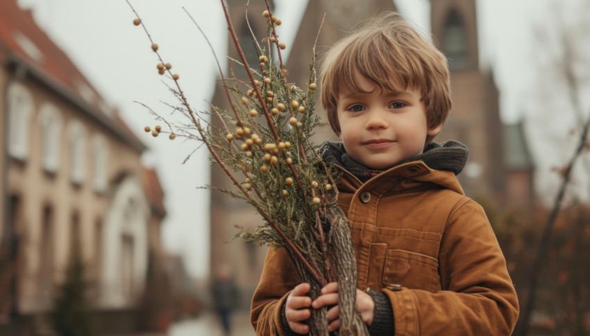 Little boy with willow tree in hands standing by a church Little boy with willow tree in hands standing by a church