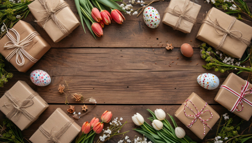 Wooden table with gifts willow tulip flowers and easter eggs Wooden table with gifts willow tulip flowers and easter eggs