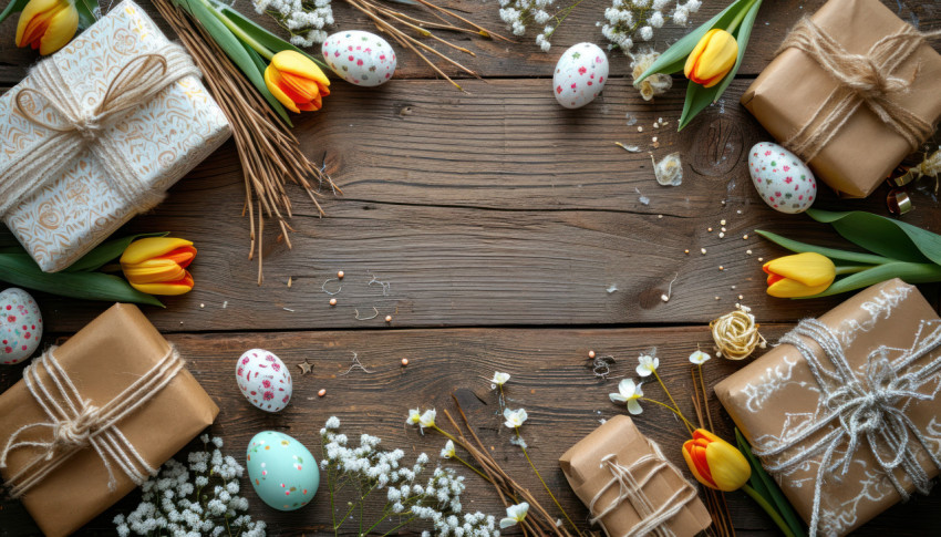 Wooden table adorned with gifts willow tulip flowers and easter eggs creating a festive atmosphere Wooden table adorned with gifts willow tulip flowers and easter eggs creating a festive atmosphere