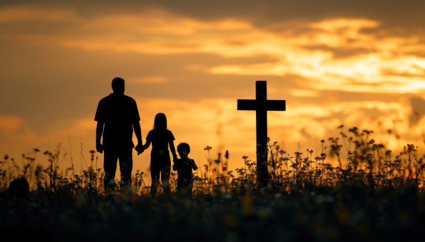 Silhouettes of a family next to a christian cross Silhouettes of a family next to a christian cross