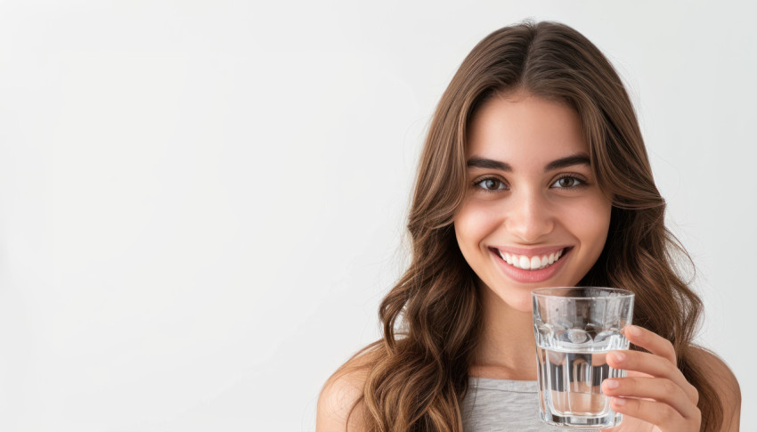 Happy girl smiles at the camera while holding a glass of water in hand Happy girl smiles at the camera while holding a glass of water in hand