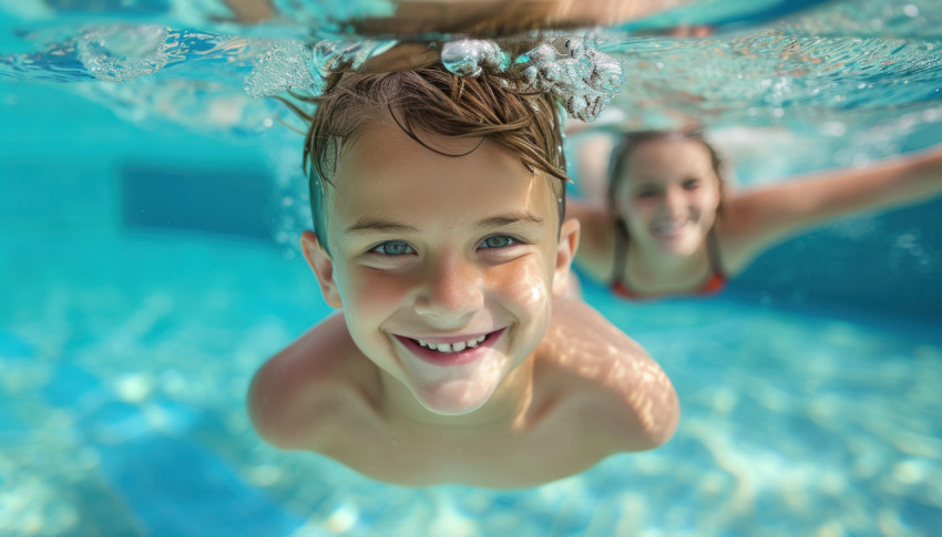 Happy kids joyfully swim underwater in the pool approaching the camera with smiles Happy kids joyfully swim underwater in the pool approaching the camera with smiles