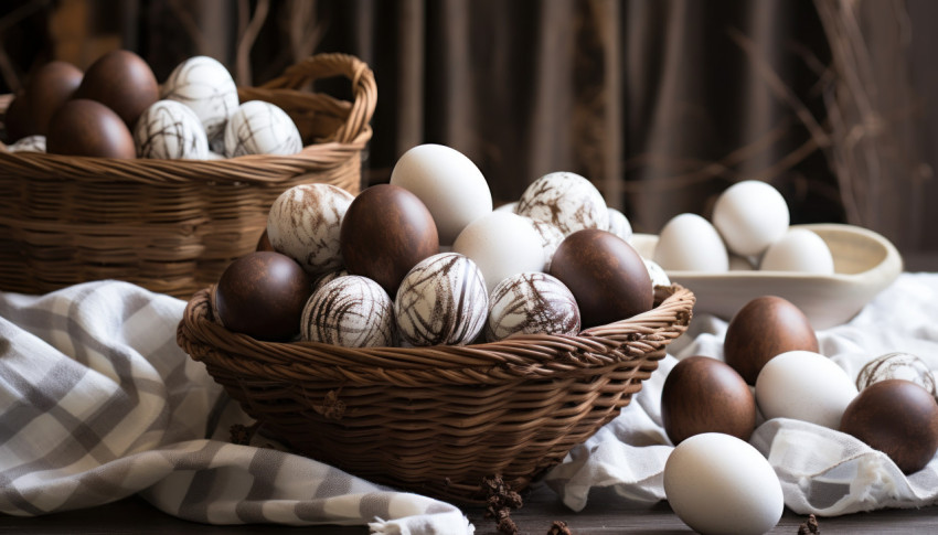 Chocolate easter eggs displayed on a wooden table with wicker fabric Chocolate easter eggs displayed on a wooden table with wicker fabric