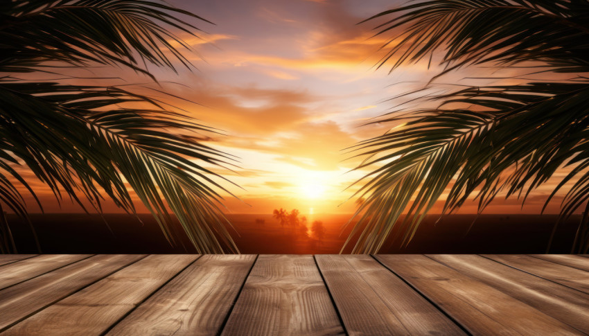 Wooden table adorned with a cross shaped arrangement of palm leaf and branches Wooden table adorned with a cross shaped arrangement of palm leaf and branches