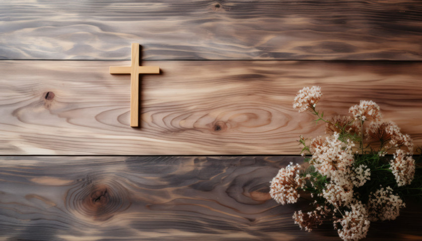 A simple wooden cross on a weathered bright wood table surface A simple wooden cross on a weathered bright wood table surface