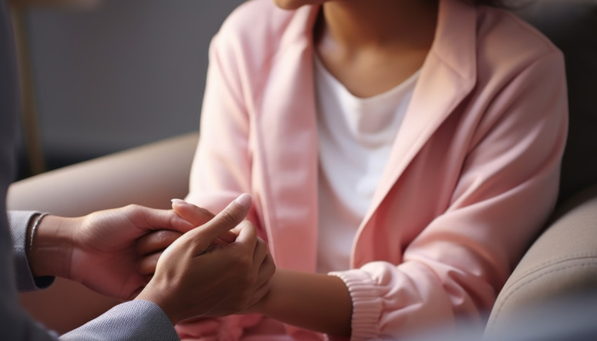 Biracial female psychologist holds palms of woman or girl providing support and guidance Biracial female psychologist holds palms of woman or girl providing support and guidance