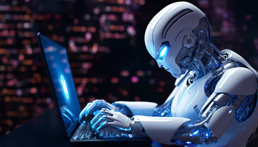 Robot operating desktop on laptop with robotic hand futuristic technology in action Robot operating desktop on laptop with robotic hand futuristic technology in action