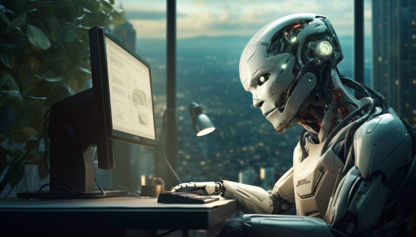 Robot sitting at computer table in office Robot sitting at computer table in office