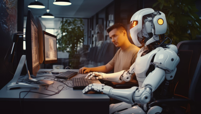 Robot sits at desk three people work on computers together in office setting Robot sits at desk three people work on computers together in office setting