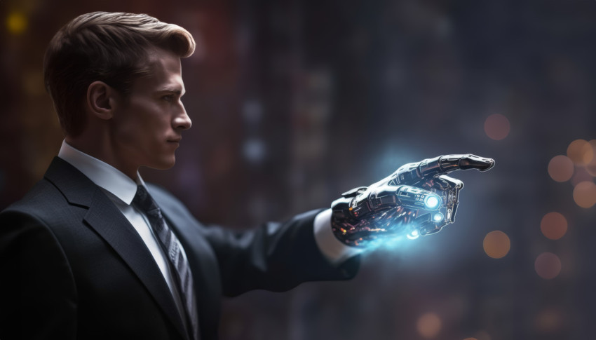 Business man in suit shows hand to robot demonstrating collaboration and future technology partnership Business man in suit shows hand to robot demonstrating collaboration and future technology partnership
