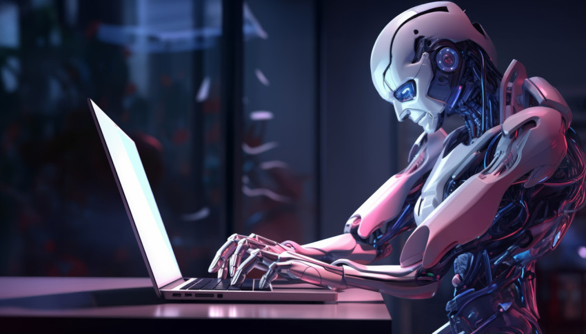 Robotic hand interacting with laptop in futuristic technology concept Robotic hand interacting with laptop in futuristic technology concept