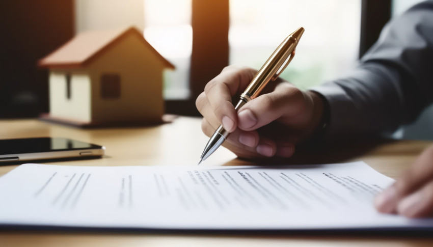 Man signs loan document for home ownership mortgage and real estate investment completing paperwork for a property investment in close up view Man signs loan document for home ownership mortgage and real estate investment completing paperwork for a property investment in close up view