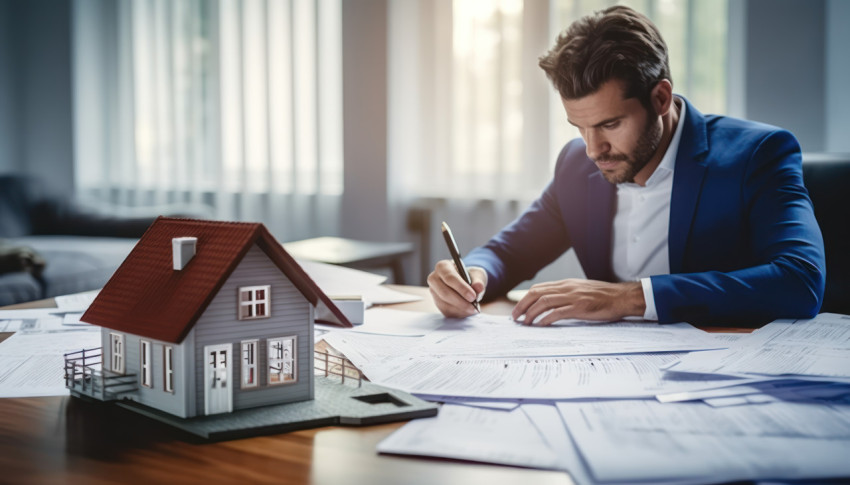 Real estate agent working on home loan paperwork in his office ensuring a smooth property transaction process Real estate agent working on home loan paperwork in his office ensuring a smooth property transaction process