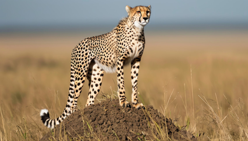 Confident cheetah standing on termite mound in the savannah surveying surroundings with grace and poise Confident cheetah standing on termite mound in the savannah surveying surroundings with grace and poise