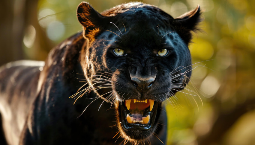 Afierce black panther captures attention with an intense growl Afierce black panther captures attention with an intense growl