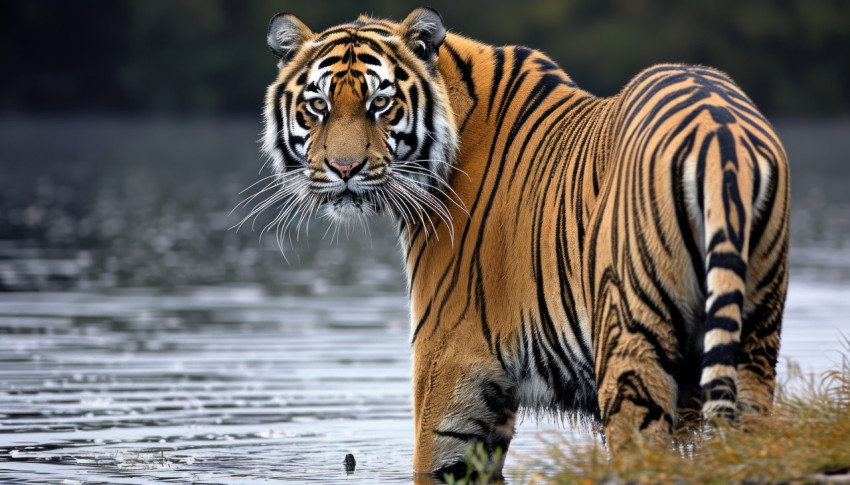 A magnificent tiger stands proudly near the water A magnificent tiger stands proudly near the water