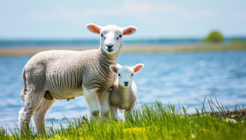 A young lamb and its mother grazing happily in lush green grass near a peaceful lake A young lamb and its mother grazing happily in lush green grass near a peaceful lake