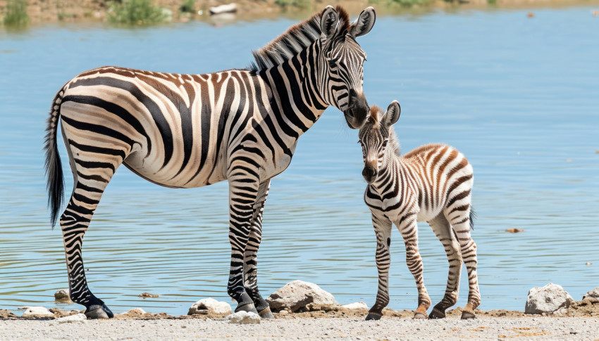 A mother zebra and her foal share a serene moment by the lake A mother zebra and her foal share a serene moment by the lake