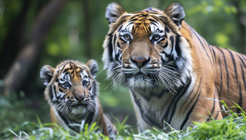 Mother tiger and cub in lush forest bonding in the green grass a beautiful moment in the wild Mother tiger and cub in lush forest bonding in the green grass a beautiful moment in the wild