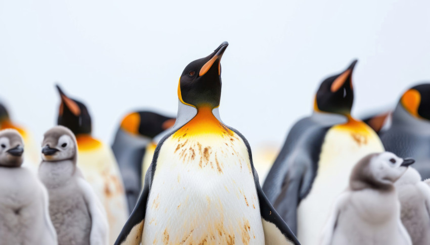 Majestic king penguin tending to cute chicks in the frozen landscape Majestic king penguin tending to cute chicks in the frozen landscape