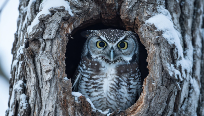 A watchful northern hawk owl gazes from a tree hollow A watchful northern hawk owl gazes from a tree hollow