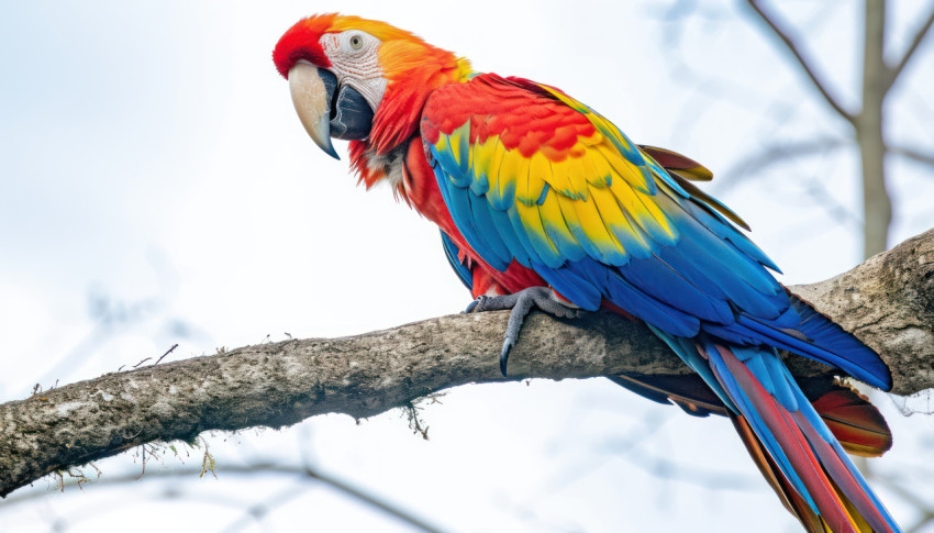 A close up view of a macaw gracefully perched on a tree branch A close up view of a macaw gracefully perched on a tree branch