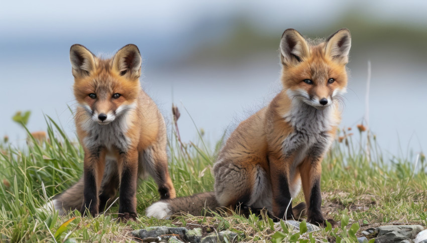 Playful kit foxes enjoying the grassy surroundings by the water Playful kit foxes enjoying the grassy surroundings by the water