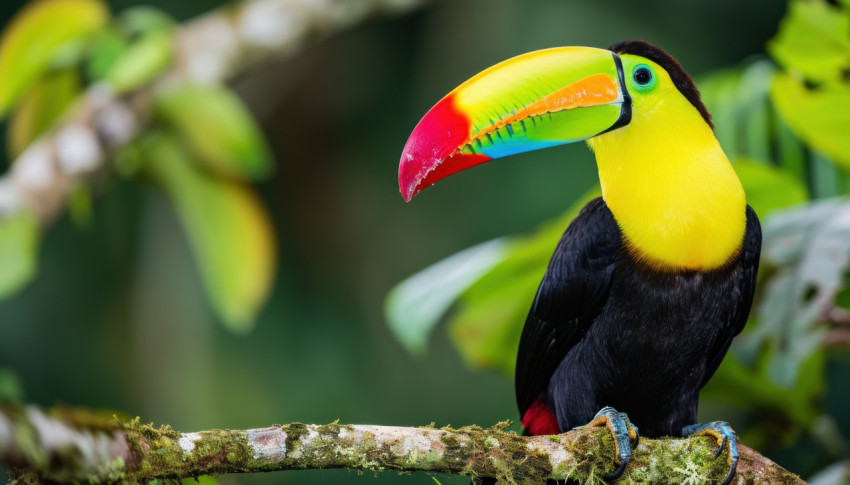 Wild keel billed toucan showcasing its vivid colors while perched in a natural setting surrounded by vibrant foliage Wild keel billed toucan showcasing its vivid colors while perched in a natural setting surrounded by vibrant foliage