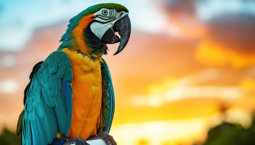 A breathtaking macaw parrot against a sunset sky A breathtaking macaw parrot against a sunset sky
