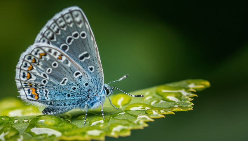 Common blue butterfly perched on a lush green leaf in its natural habitat Common blue butterfly perched on a lush green leaf in its natural habitat