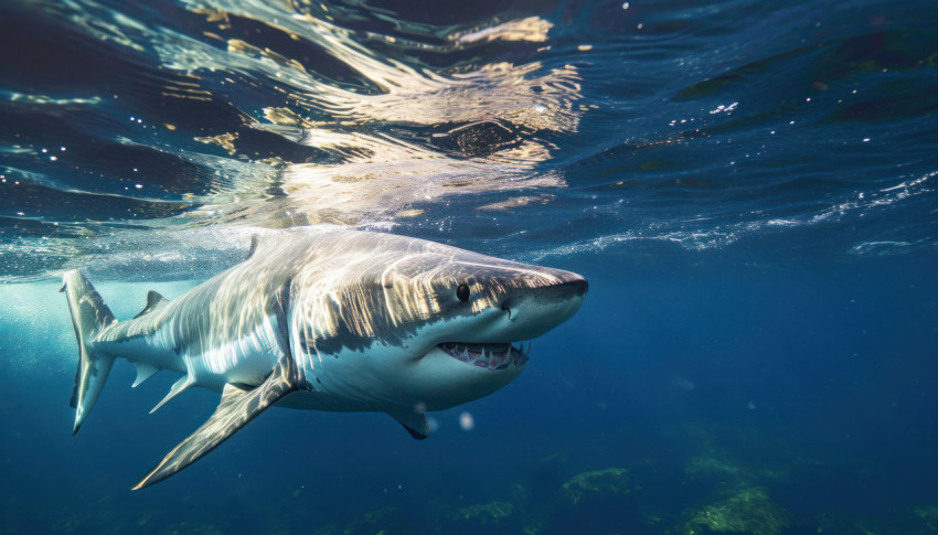 Majestic white shark gliding on the ocean surface Majestic white shark gliding on the ocean surface