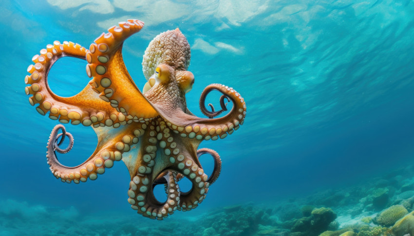 A reef octopus glides through the blue ocean A reef octopus glides through the blue ocean