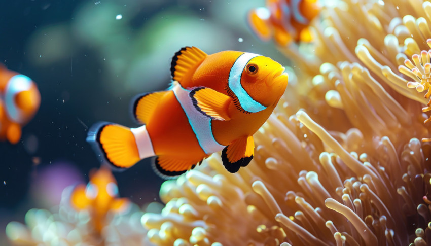 A vibrant shoal of clown fish gracefully navigating through their coral habitat in an underwater spectacle A vibrant shoal of clown fish gracefully navigating through their coral habitat in an underwater spectacle