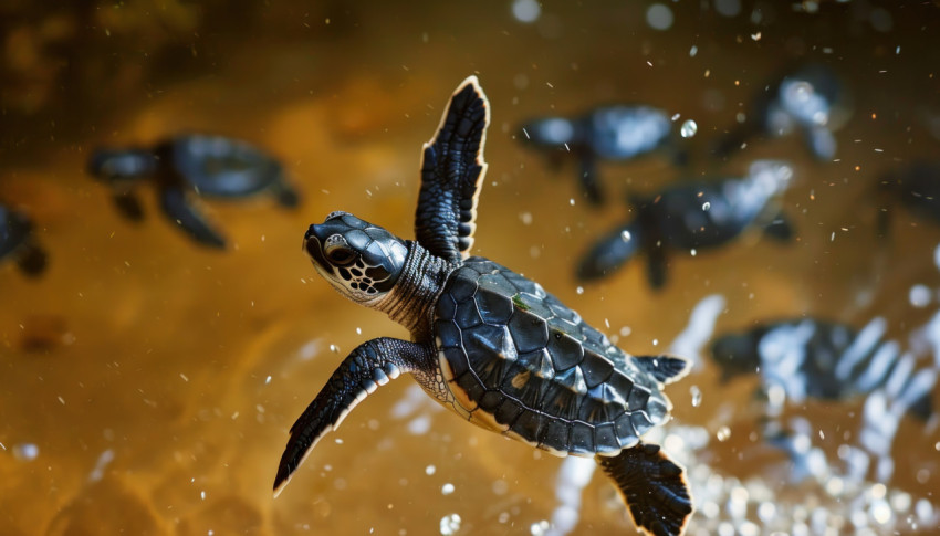 Dorable leatherback turtle babies embark on their ocean adventure as they are released into the sea Dorable leatherback turtle babies embark on their ocean adventure as they are released into the sea