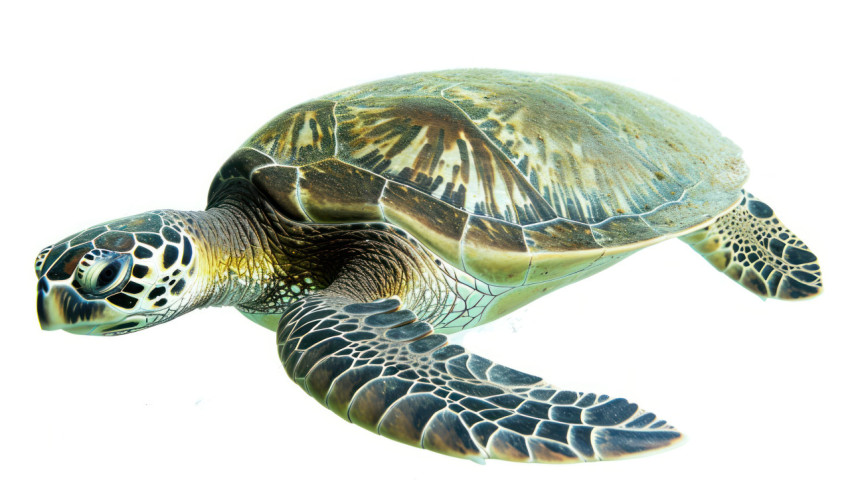 Serene scene of a green sea turtle gliding through calm waters on a white background Serene scene of a green sea turtle gliding through calm waters on a white background