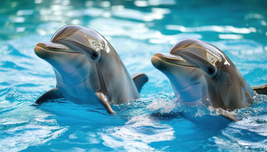 A pair of dolphins playfully navigate the serene blue waters A pair of dolphins playfully navigate the serene blue waters