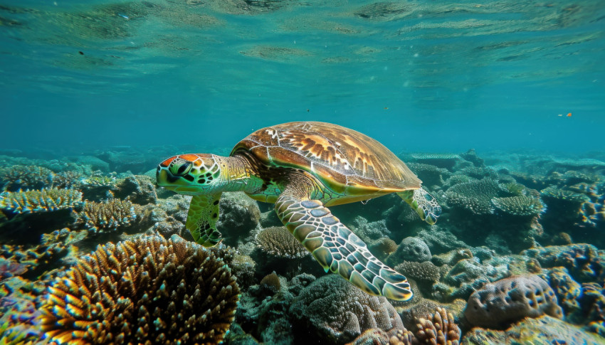 Dive into the beauty of a coral reef with a mesmerizing green turtle Dive into the beauty of a coral reef with a mesmerizing green turtle