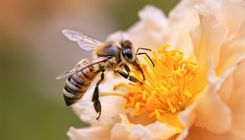 Honeybee flies to desert gold peach flower collecting nectar for the hive in a vibrant garden Honeybee flies to desert gold peach flower collecting nectar for the hive in a vibrant garden