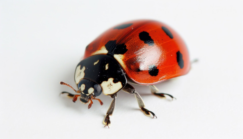 Red ladybug on a white surface showcasing vibrant colors and unique spots in close up view Red ladybug on a white surface showcasing vibrant colors and unique spots in close up view